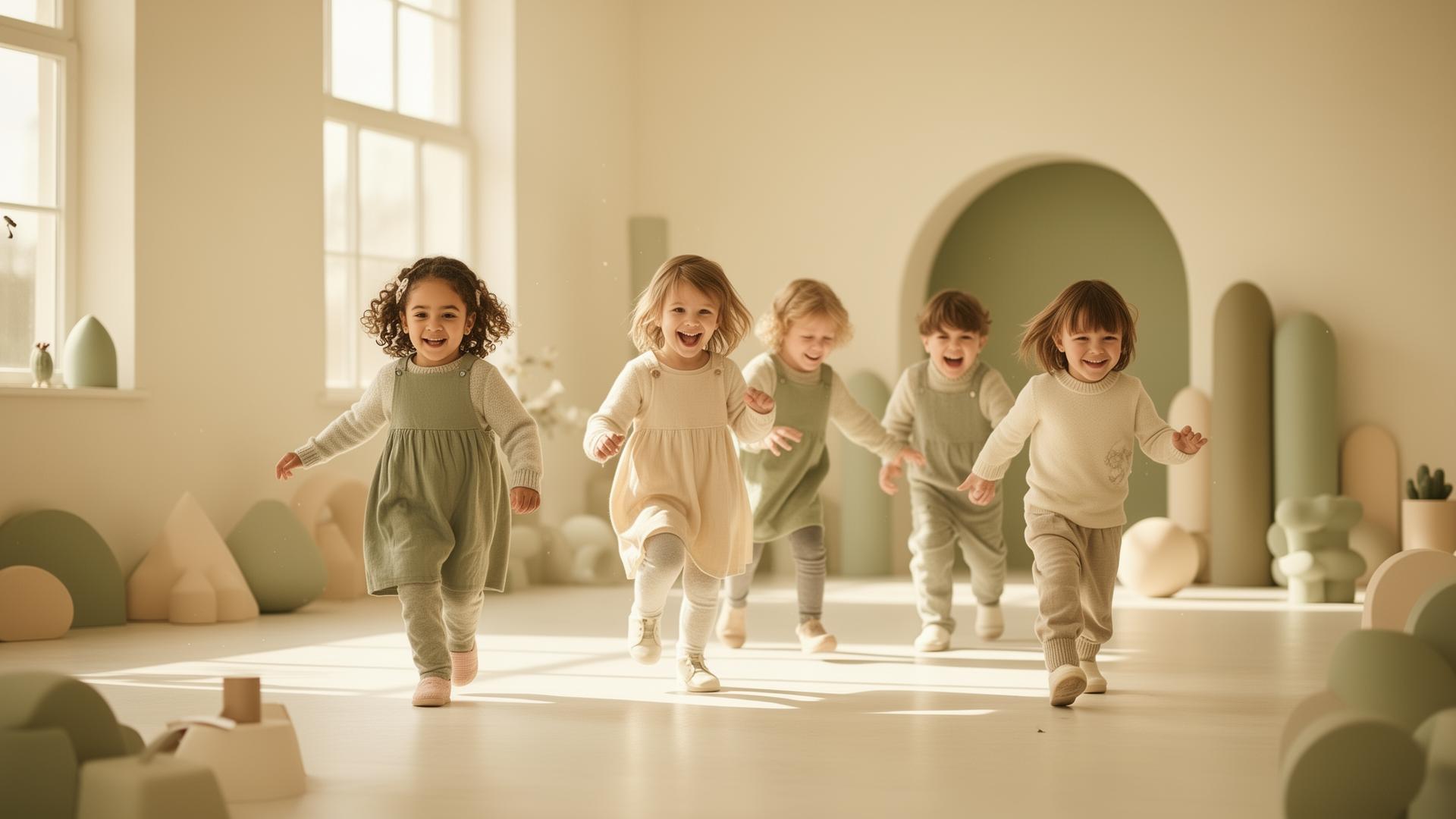 Children moving joyfully in a warm sunlit space
